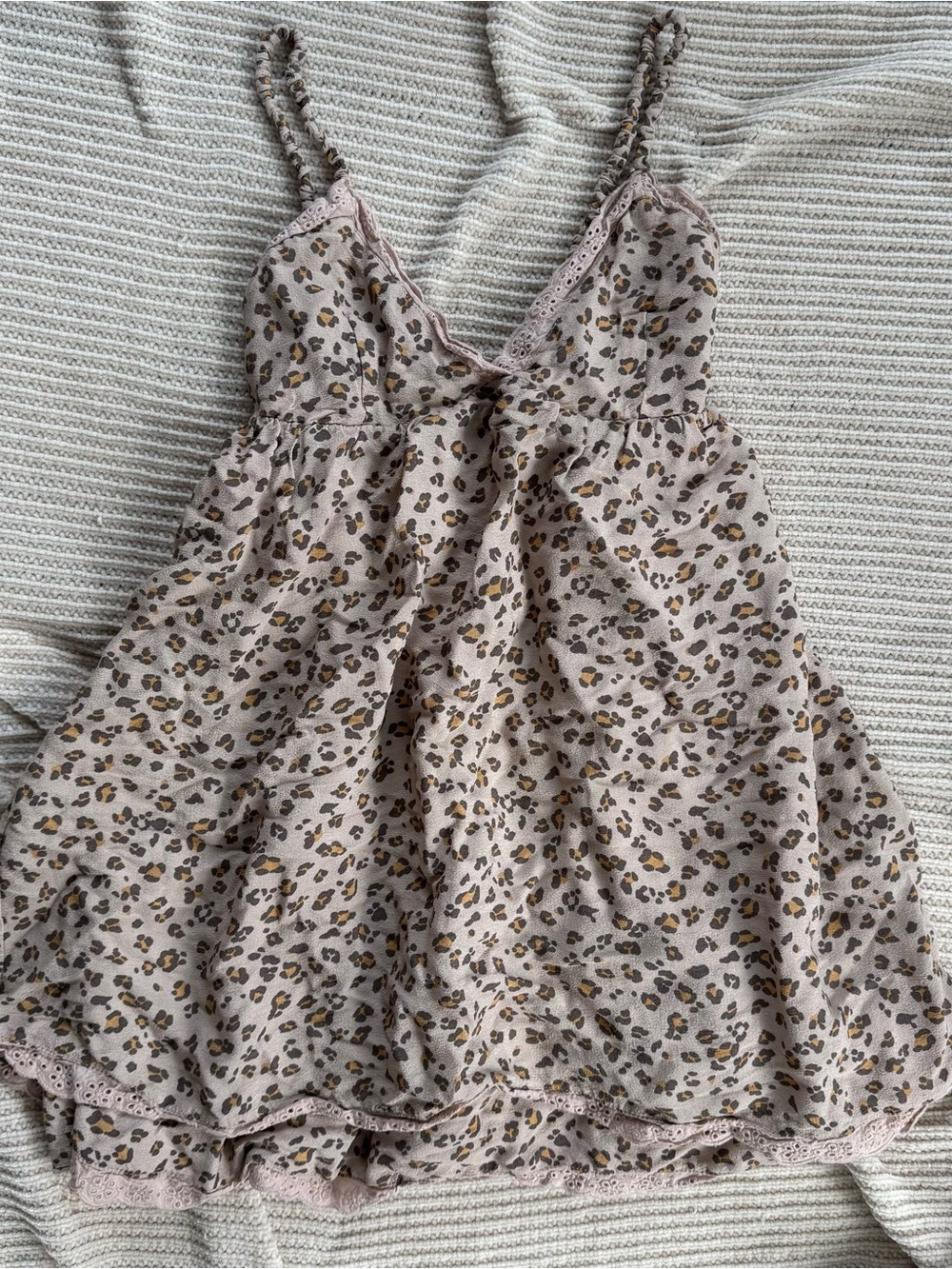Aeropostale Leopard Print Lace Trim V-Neck Babydoll Mini Dress Cami Tunic Top XS